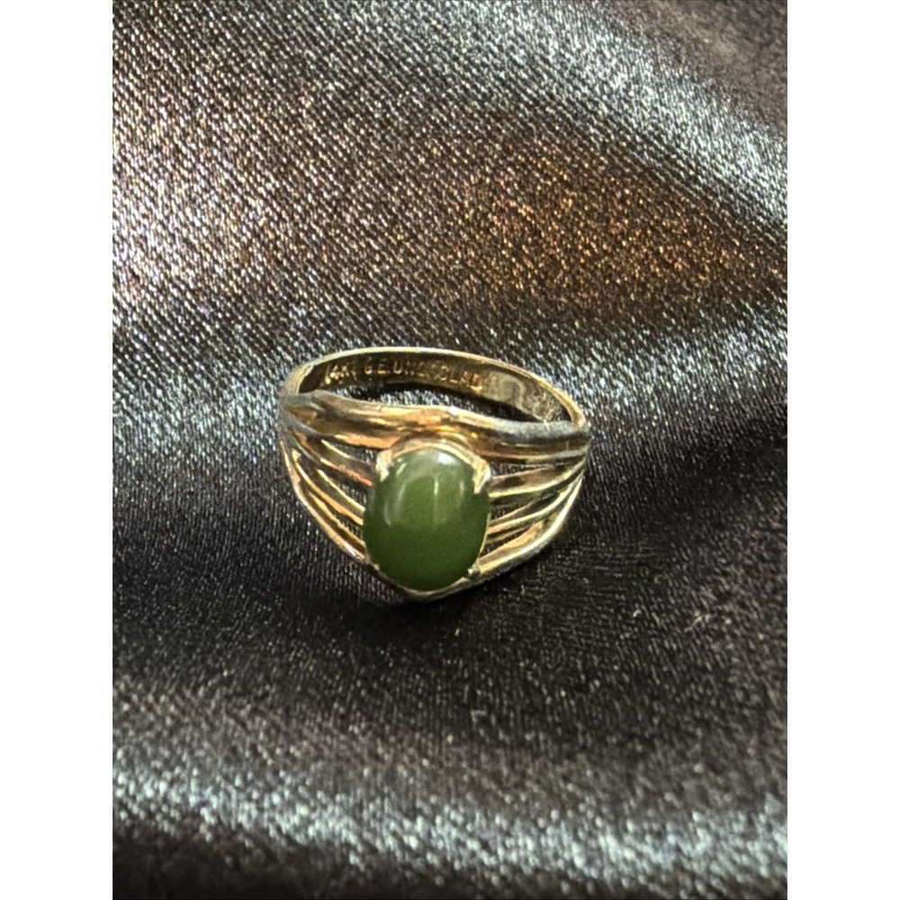 Vintage 1980s UNCAS 14K Gold Electroplated Jade Ring Sz 5 Art Deco